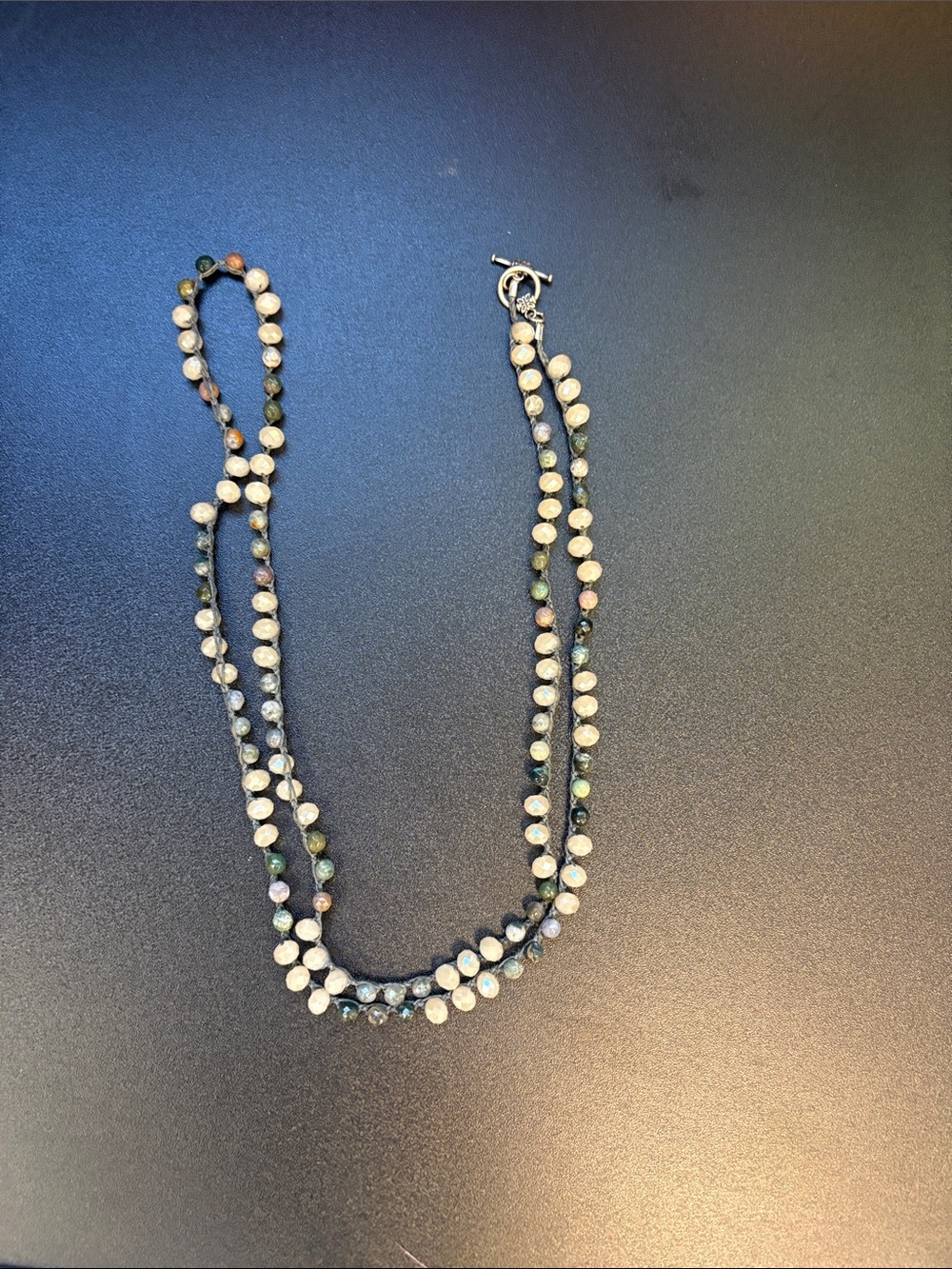 Beaded Multi-Strand Necklace in Cream and muted Green and grey 17 inch doubled